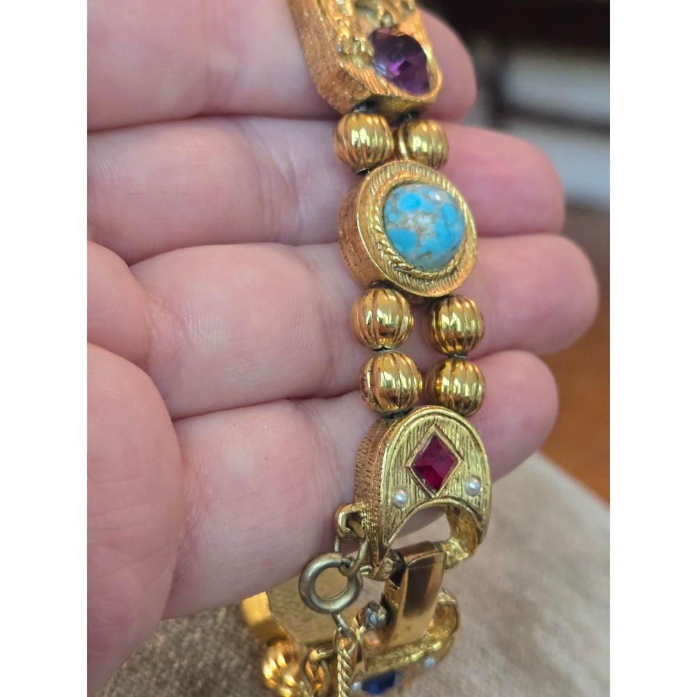 Unsigned Goldette Slide Charm Substantial Bracelet Cameo Snake Safety Chain - Picture 9 of 12